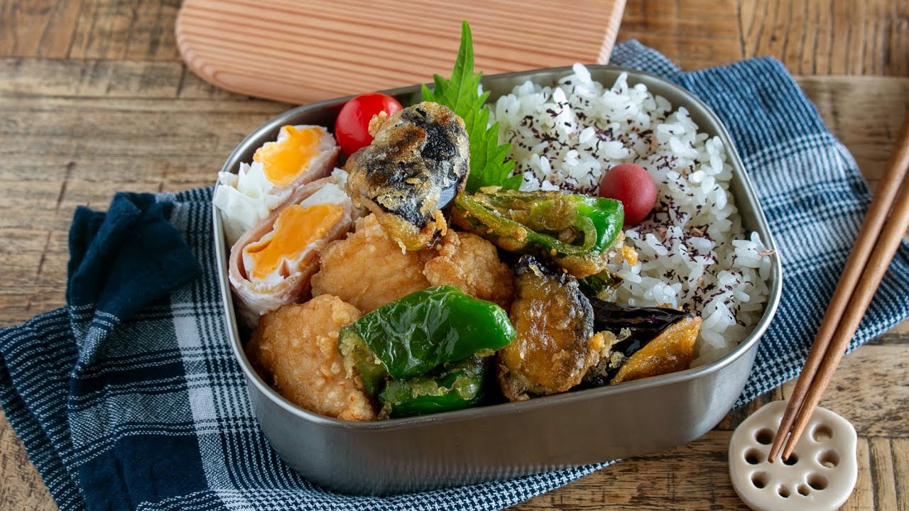 【節約弁当】おでんの素で！一瞬でなくなる鶏むね肉となすピーマンのザクザク唐揚げ弁当bento#992