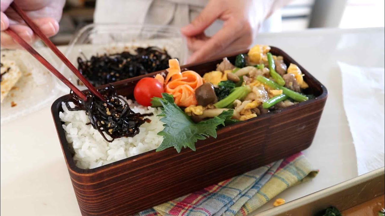 【お弁当作り】シャキシャキふわふわがクセに！豚こま肉と小松菜と卵炒め弁当bento＃765
