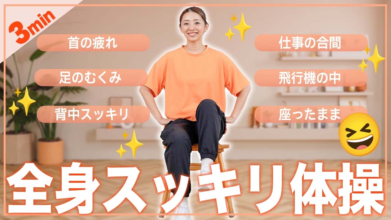 【3分体操】椅子に座ったまま全身ほぐれるストレッチ体操！デスクワークの合間や飛行機でも！【シニア/高齢者OK】