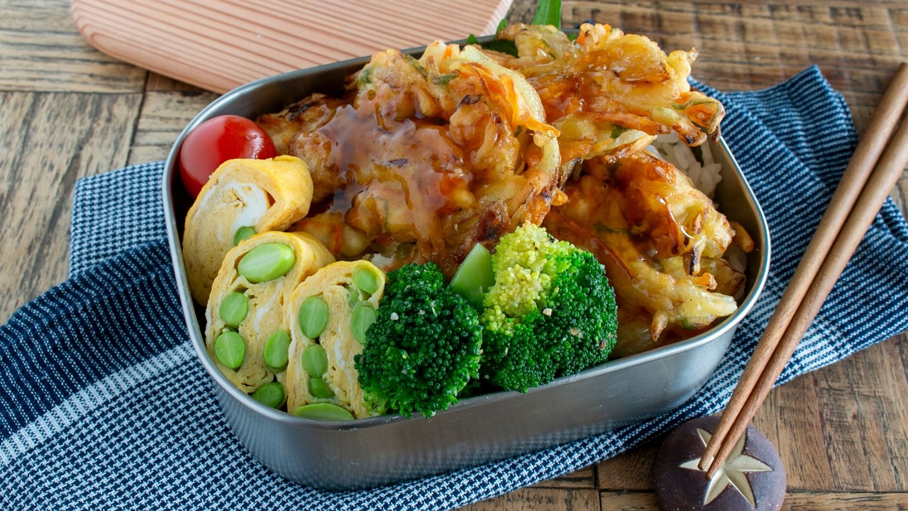 【節約弁当】冷蔵庫の残り物がごちそうに！野菜とかまぼこのかき揚げ天つゆ餡弁当bento#1009