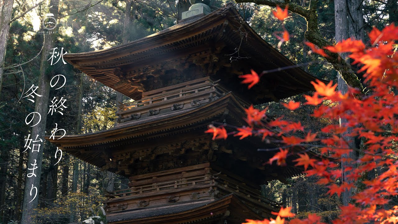 【長野・観光地】冠雪した白銀のアルプス。晩秋の光前寺｜風景写真